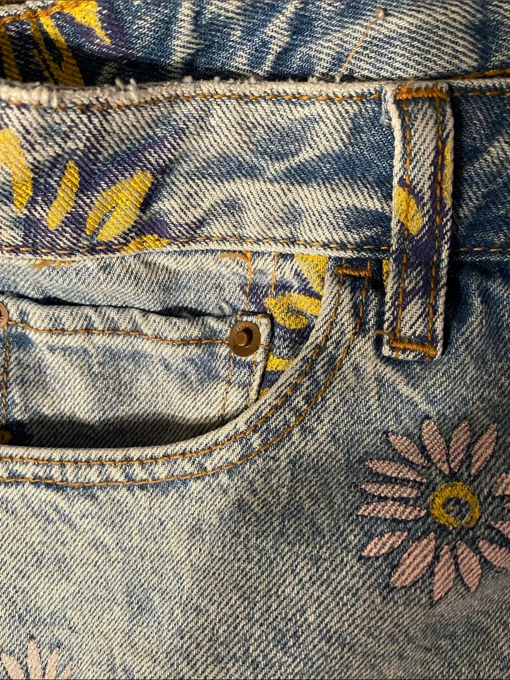Free People Light Blue Denim Shorts with Yellow & Pink Floral Print